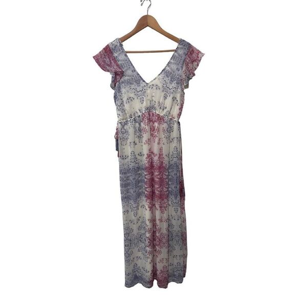 Knox Rose Chiffon Multicolored V-Neck Midi Dress Ruffle Tassel Boho Size Small - Picture 1 of 15